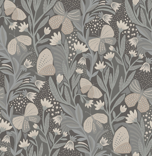 Papillion Flutter Blue Grey Peel & Stick Wallpaper with Whimsical Botanical Butterfly Pattern - NuWallpaper PLS4203