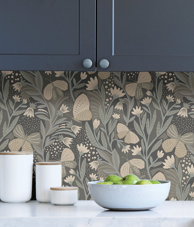 Papillion Flutter Blue Grey Peel & Stick Wallpaper with Whimsical Botanical Butterfly Pattern - NuWallpaper PLS4203