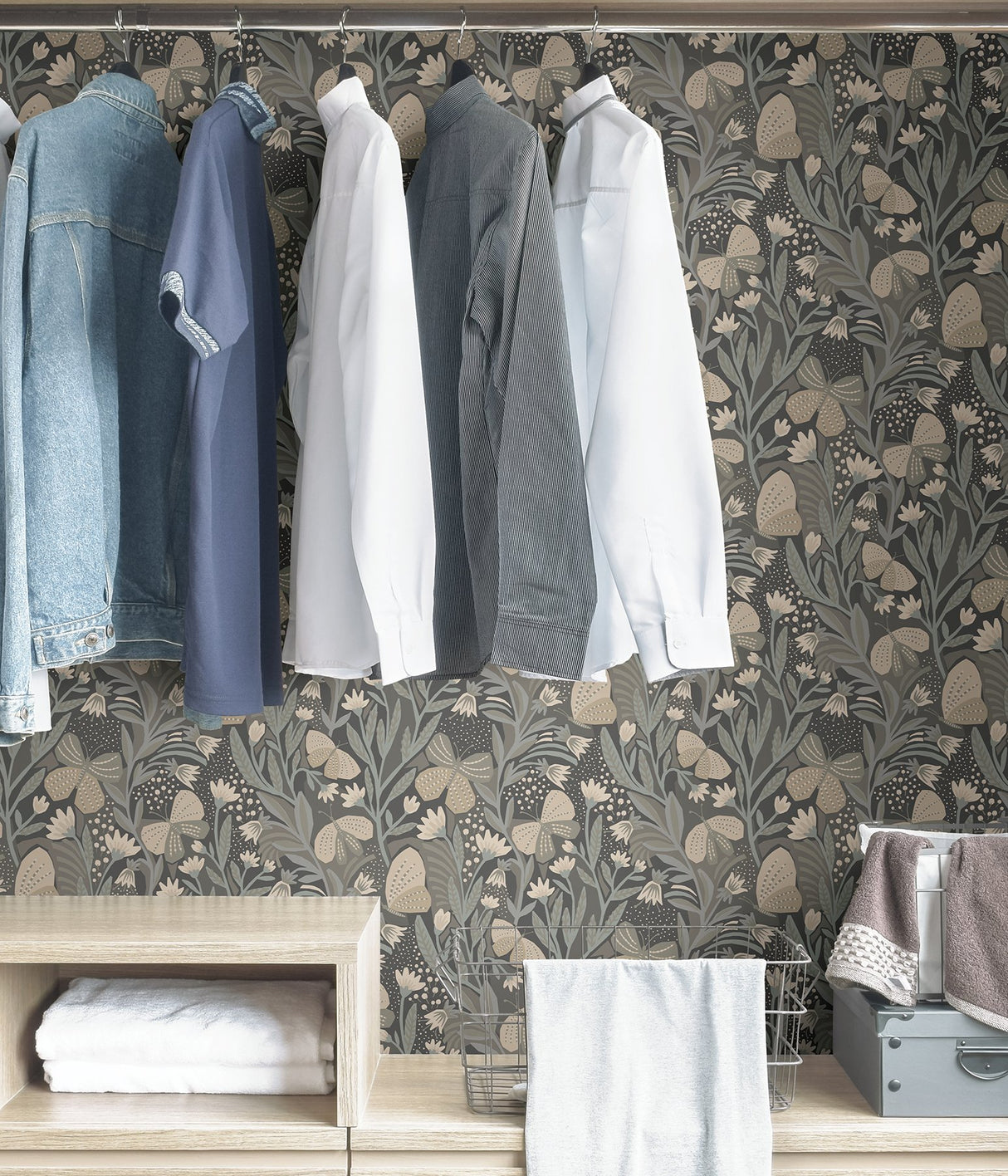 Papillion Flutter Blue Grey Peel & Stick Wallpaper with Whimsical Botanical Butterfly Pattern - NuWallpaper PLS4203