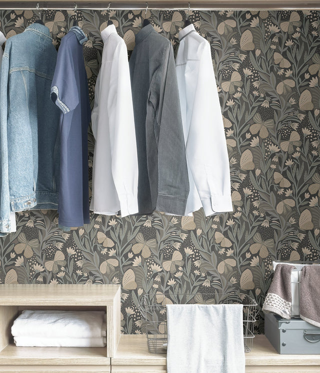 Papillion Flutter Blue Grey Peel & Stick Wallpaper with Whimsical Botanical Butterfly Pattern - NuWallpaper PLS4203