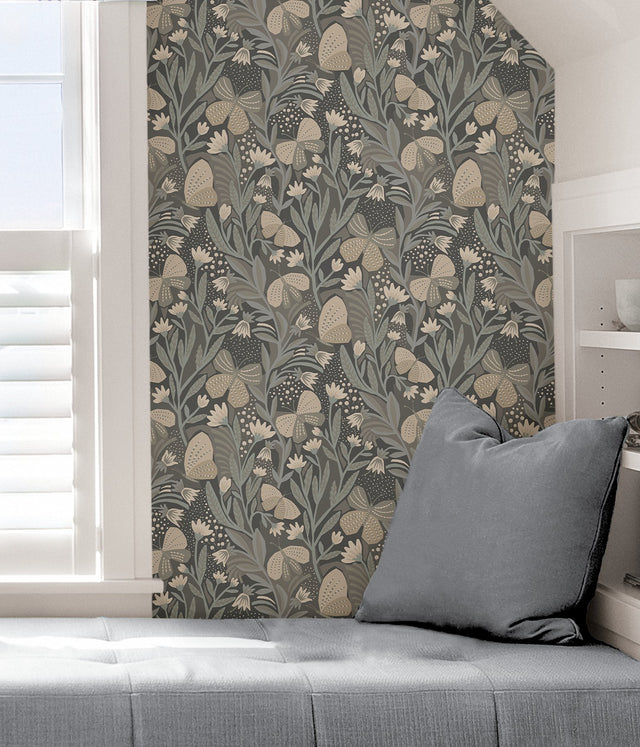 Papillion Flutter Blue Grey Peel & Stick Wallpaper with Whimsical Botanical Butterfly Pattern - NuWallpaper PLS4203