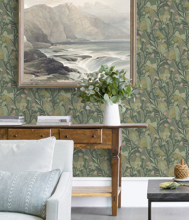 Papillon Flutter Sage Peel & Stick Wallpaper with Whimsical Botanical Leaves Pattern - PLS4204