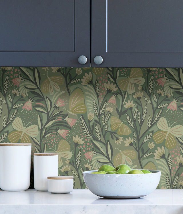 Papillon Flutter Sage Peel & Stick Wallpaper with Whimsical Botanical Leaves Pattern - PLS4204