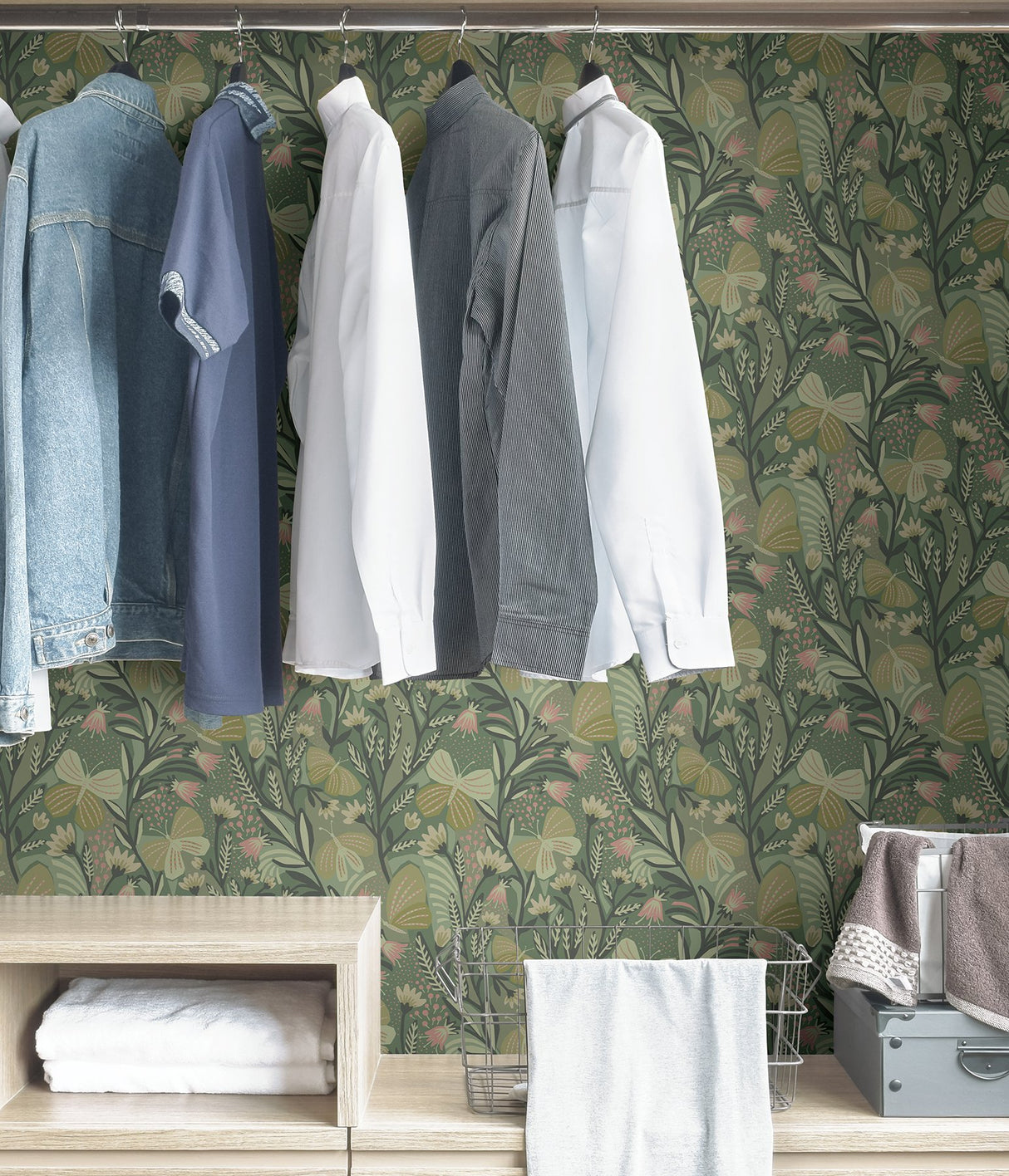 Papillon Flutter Sage Peel & Stick Wallpaper with Whimsical Botanical Leaves Pattern - PLS4204