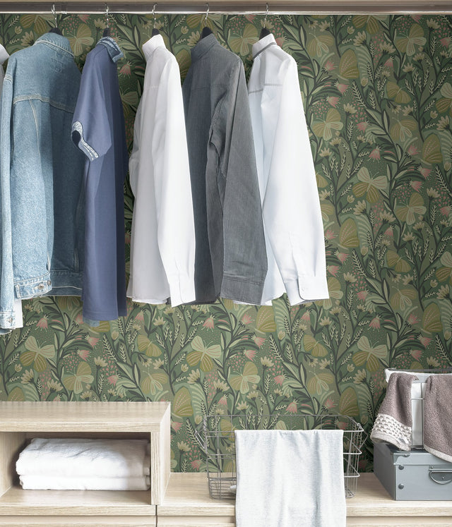 Papillon Flutter Sage Peel & Stick Wallpaper with Whimsical Botanical Leaves Pattern - PLS4204