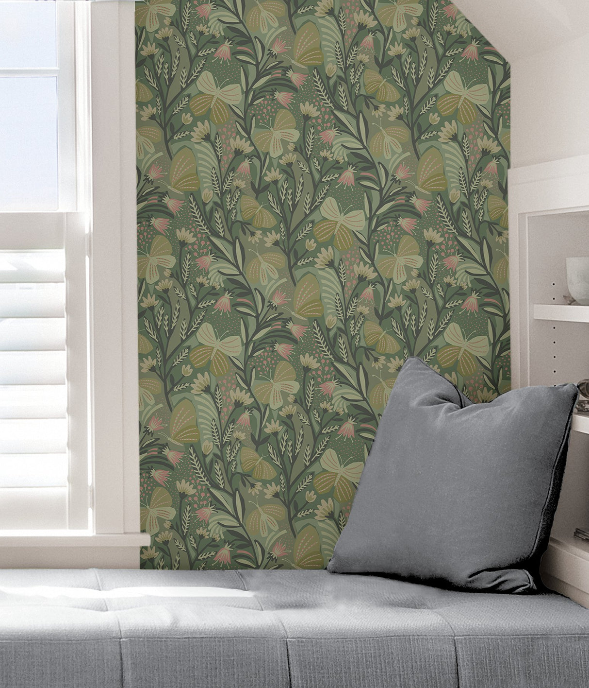 Papillon Flutter Sage Peel & Stick Wallpaper with Whimsical Botanical Leaves Pattern - PLS4204