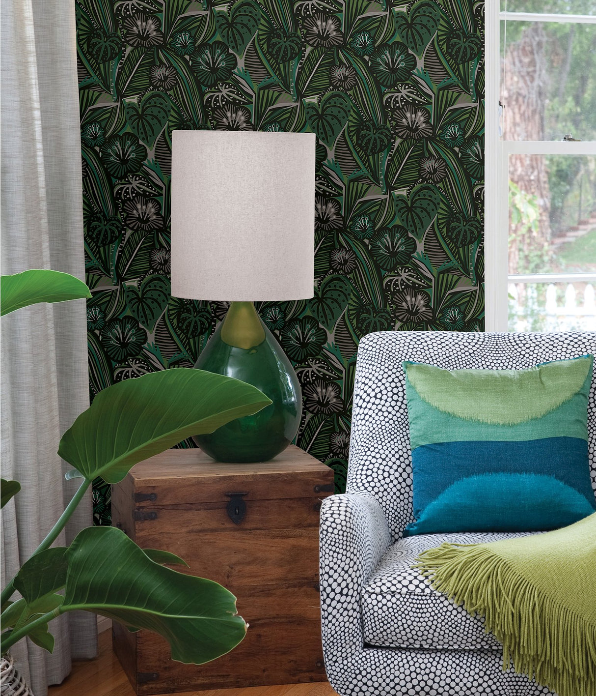 LotusLand Greens Peel & Stick Wallpaper with Eclectic Botanical Leaves Pattern - PLS4205