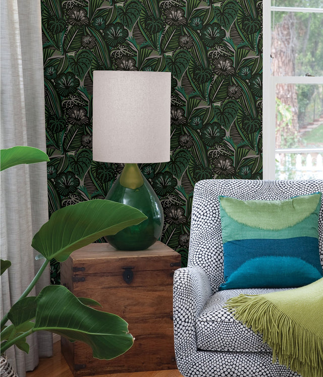 LotusLand Greens Peel & Stick Wallpaper with Eclectic Botanical Leaves Pattern - PLS4205