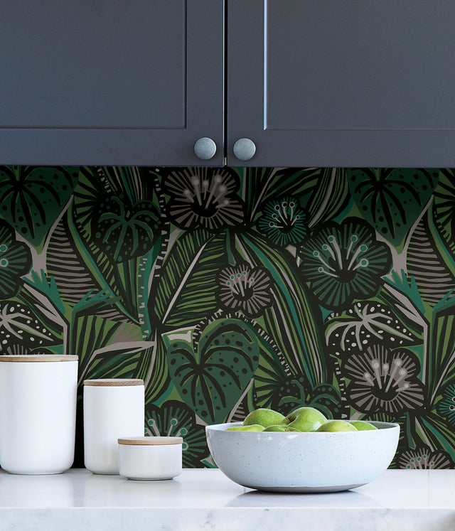 LotusLand Greens Peel & Stick Wallpaper with Eclectic Botanical Leaves Pattern - PLS4205