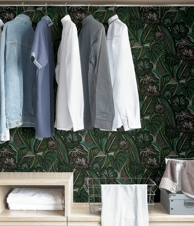 LotusLand Greens Peel & Stick Wallpaper with Eclectic Botanical Leaves Pattern - PLS4205