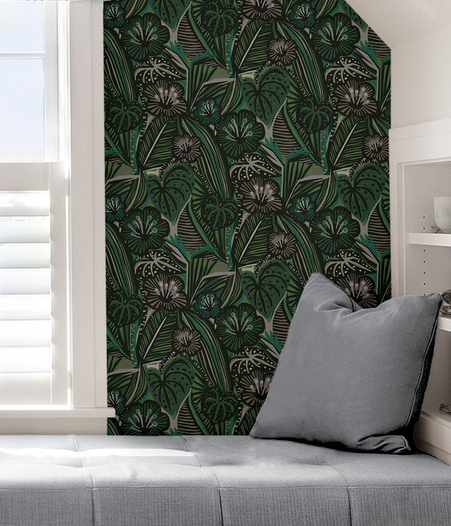 LotusLand Greens Peel & Stick Wallpaper with Eclectic Botanical Leaves Pattern - PLS4205