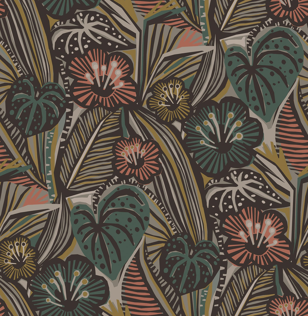 LotusLand Coral Teal Peel & Stick Wallpaper with Eclectic Botanical Leaves Pattern - Brewster PLS4206