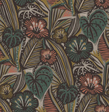 LotusLand Coral Teal Peel & Stick Wallpaper with Eclectic Botanical Leaves Pattern - Brewster PLS4206