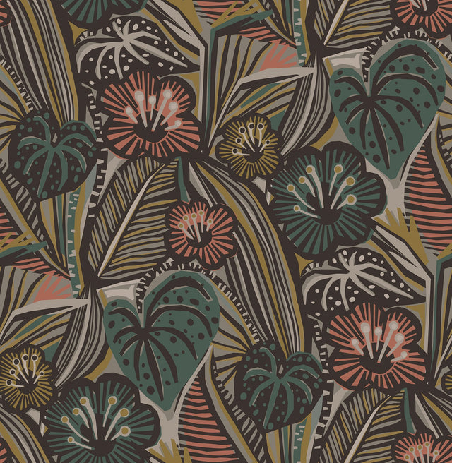 LotusLand Coral Teal Peel & Stick Wallpaper with Eclectic Botanical Leaves Pattern - Brewster PLS4206