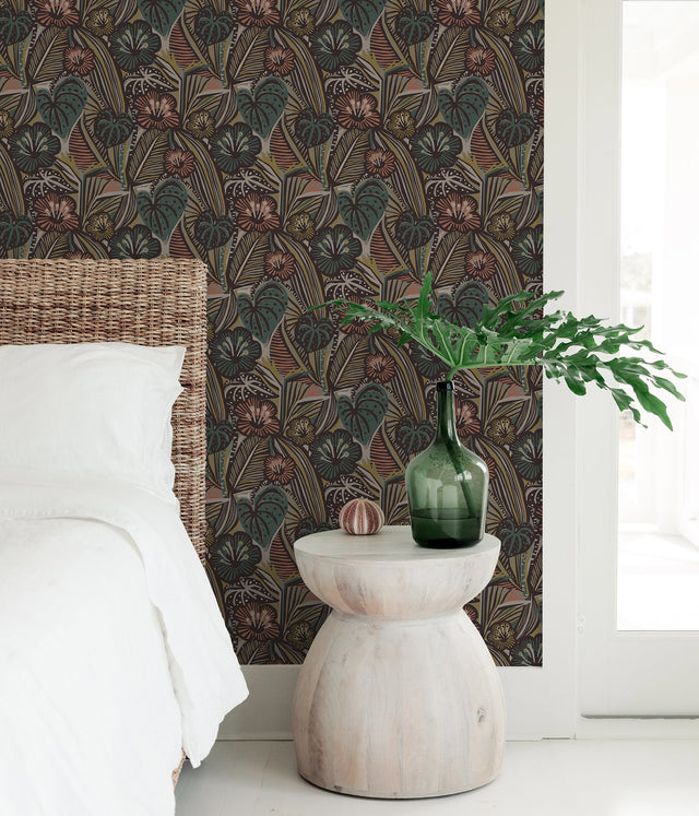 LotusLand Coral Teal Peel & Stick Wallpaper with Eclectic Botanical Leaves Pattern - Brewster PLS4206