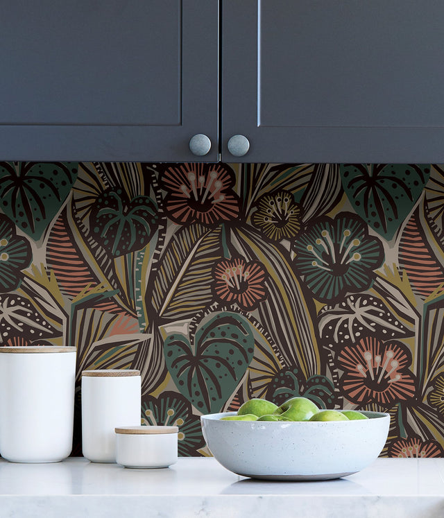 LotusLand Coral Teal Peel & Stick Wallpaper with Eclectic Botanical Leaves Pattern - Brewster PLS4206