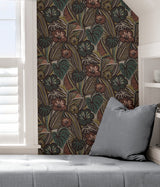 LotusLand Coral Teal Peel & Stick Wallpaper with Eclectic Botanical Leaves Pattern - Brewster PLS4206
