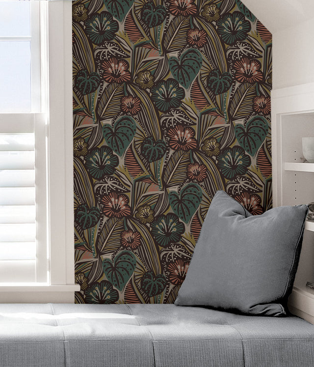 LotusLand Coral Teal Peel & Stick Wallpaper with Eclectic Botanical Leaves Pattern - Brewster PLS4206