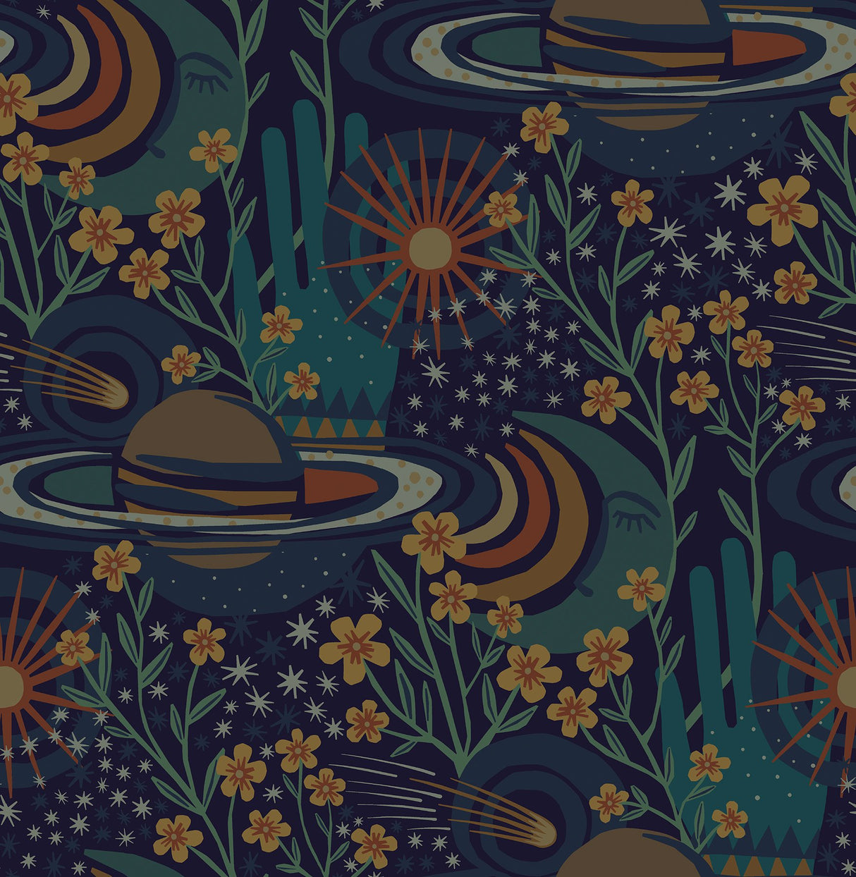 Ethereal Cosmos Navy Peel & Stick Wallpaper with Bohemian Outer Space Pattern - NuWallpaper PLS4208