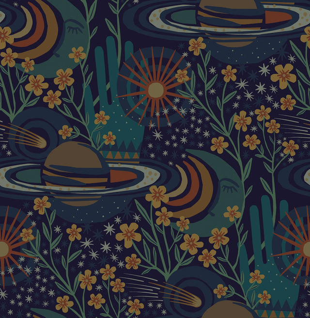 Ethereal Cosmos Navy Peel & Stick Wallpaper with Bohemian Outer Space Pattern - NuWallpaper PLS4208
