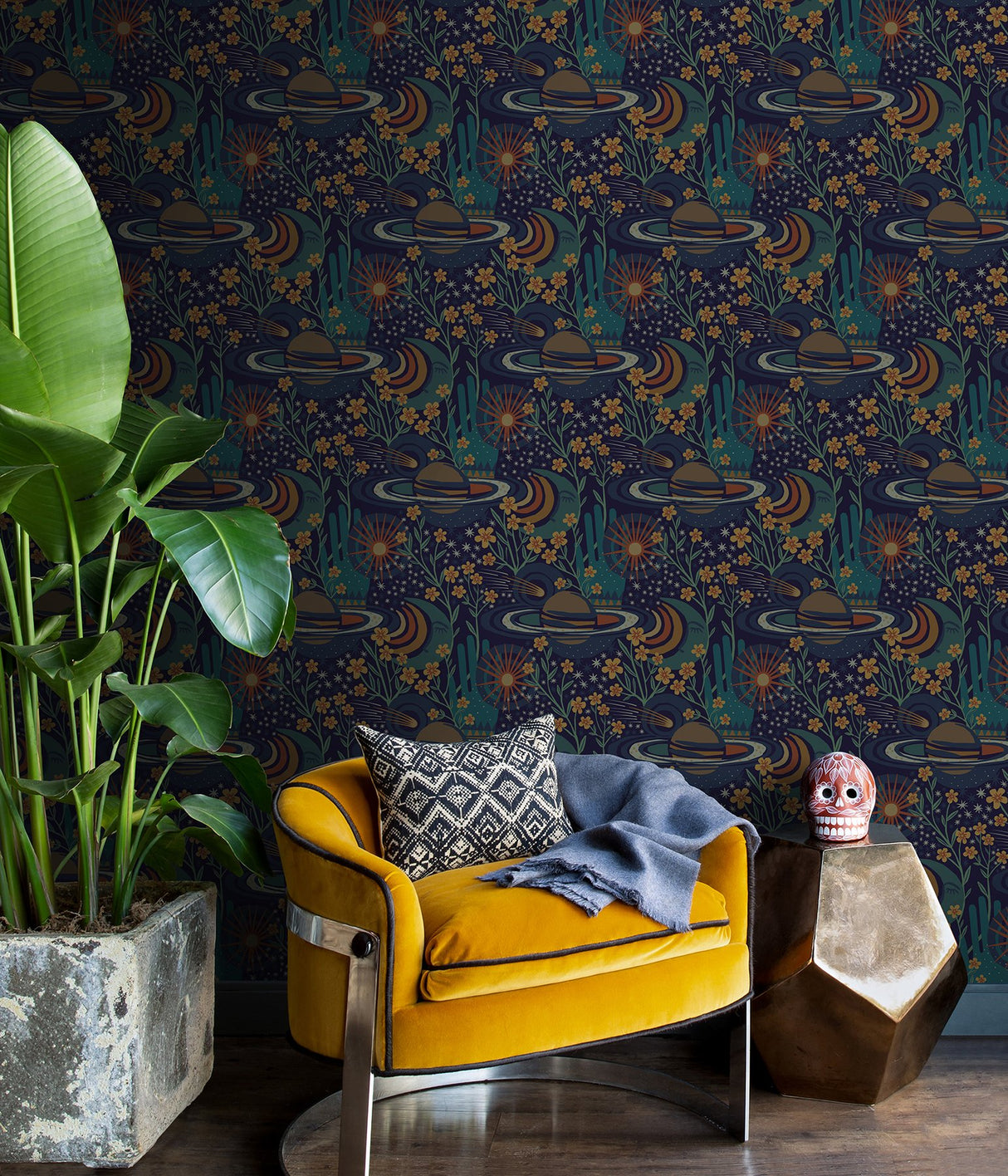 Ethereal Cosmos Navy Peel & Stick Wallpaper with Bohemian Outer Space Pattern - NuWallpaper PLS4208