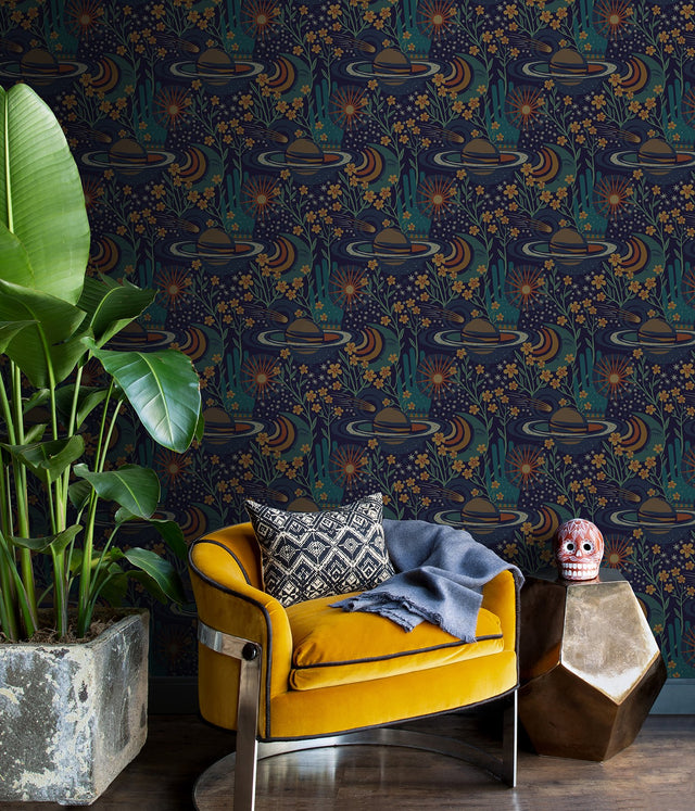 Ethereal Cosmos Navy Peel & Stick Wallpaper with Bohemian Outer Space Pattern - NuWallpaper PLS4208