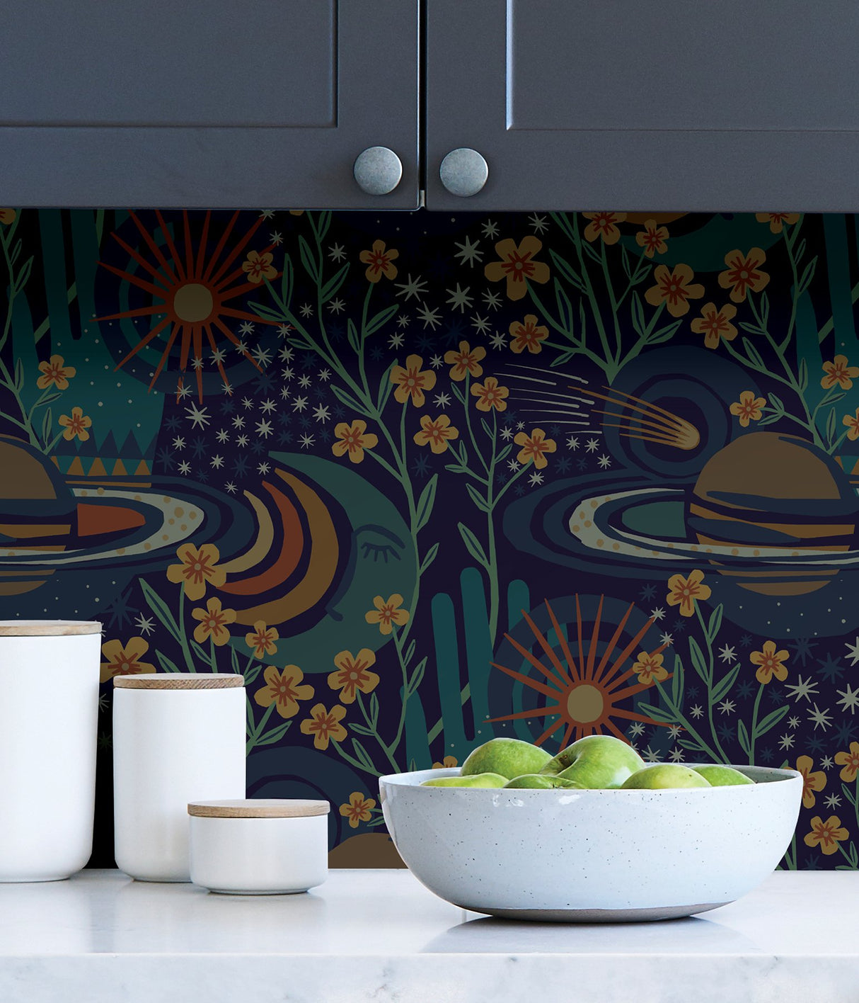 Ethereal Cosmos Navy Peel & Stick Wallpaper with Bohemian Outer Space Pattern - NuWallpaper PLS4208