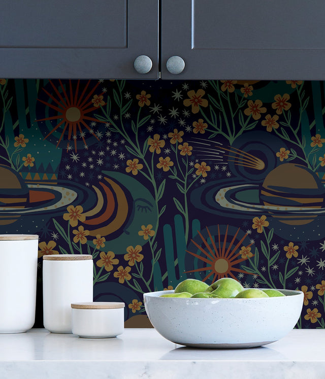 Ethereal Cosmos Navy Peel & Stick Wallpaper with Bohemian Outer Space Pattern - NuWallpaper PLS4208