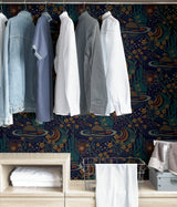 Ethereal Cosmos Navy Peel & Stick Wallpaper with Bohemian Outer Space Pattern - NuWallpaper PLS4208