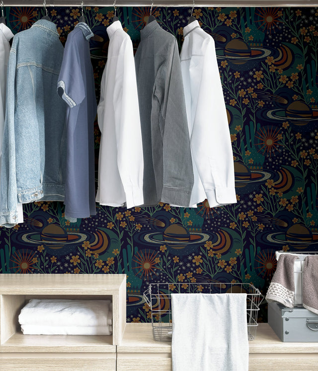 Ethereal Cosmos Navy Peel & Stick Wallpaper with Bohemian Outer Space Pattern - NuWallpaper PLS4208