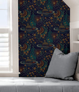 Ethereal Cosmos Navy Peel & Stick Wallpaper with Bohemian Outer Space Pattern - NuWallpaper PLS4208