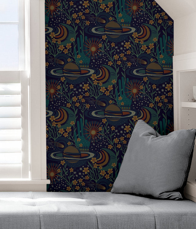 Ethereal Cosmos Navy Peel & Stick Wallpaper with Bohemian Outer Space Pattern - NuWallpaper PLS4208