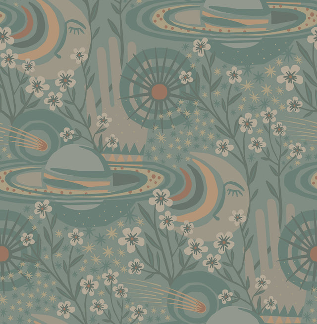 Ethereal Cosmos Teal Peel & Stick Wallpaper with Bohemian Stars & Outer Space Pattern - Brewster PLS4209