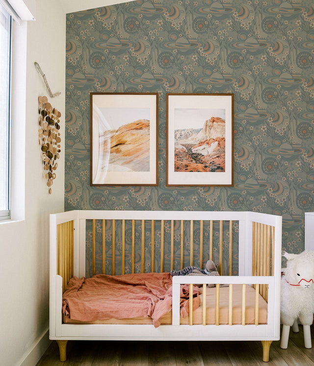 Ethereal Cosmos Teal Peel & Stick Wallpaper with Bohemian Stars & Outer Space Pattern - Brewster PLS4209