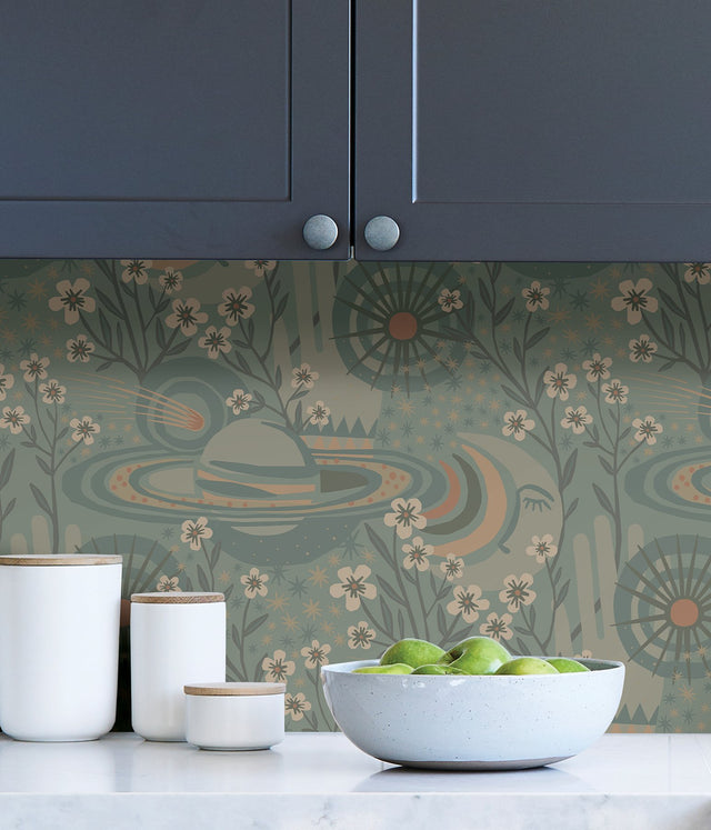 Ethereal Cosmos Teal Peel & Stick Wallpaper with Bohemian Stars & Outer Space Pattern - Brewster PLS4209