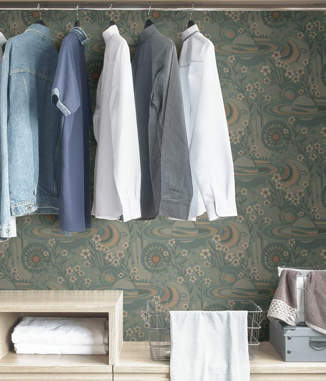 Ethereal Cosmos Teal Peel & Stick Wallpaper with Bohemian Stars & Outer Space Pattern - Brewster PLS4209