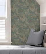 Ethereal Cosmos Teal Peel & Stick Wallpaper with Bohemian Stars & Outer Space Pattern - Brewster PLS4209