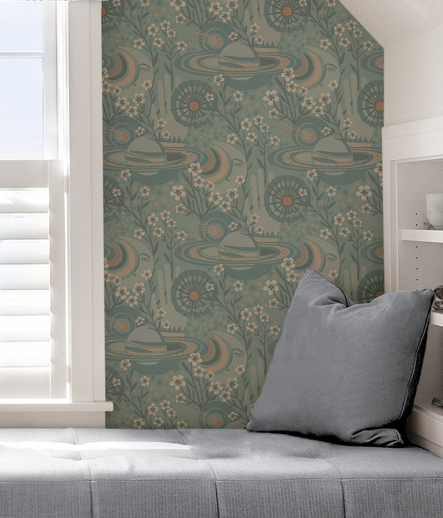 Ethereal Cosmos Teal Peel & Stick Wallpaper with Bohemian Stars & Outer Space Pattern - Brewster PLS4209
