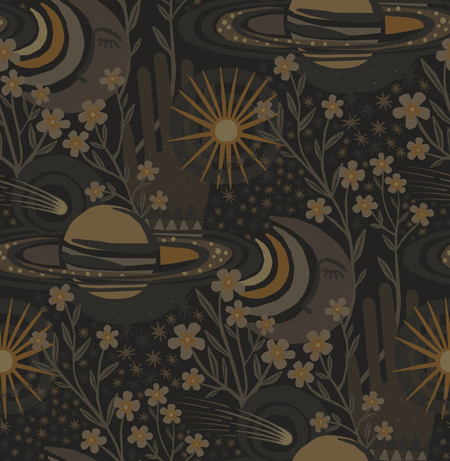 Ethereal Cosmos Black Peel & Stick Wallpaper with Bohemian Outer Space Stars Pattern - NuWallpaper PLS4210