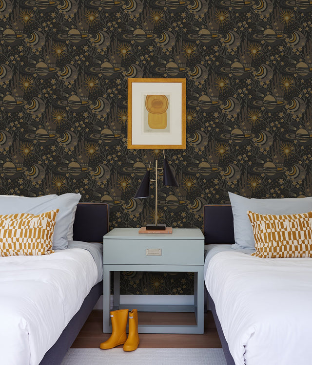 Ethereal Cosmos Black Peel & Stick Wallpaper with Bohemian Outer Space Stars Pattern - NuWallpaper PLS4210