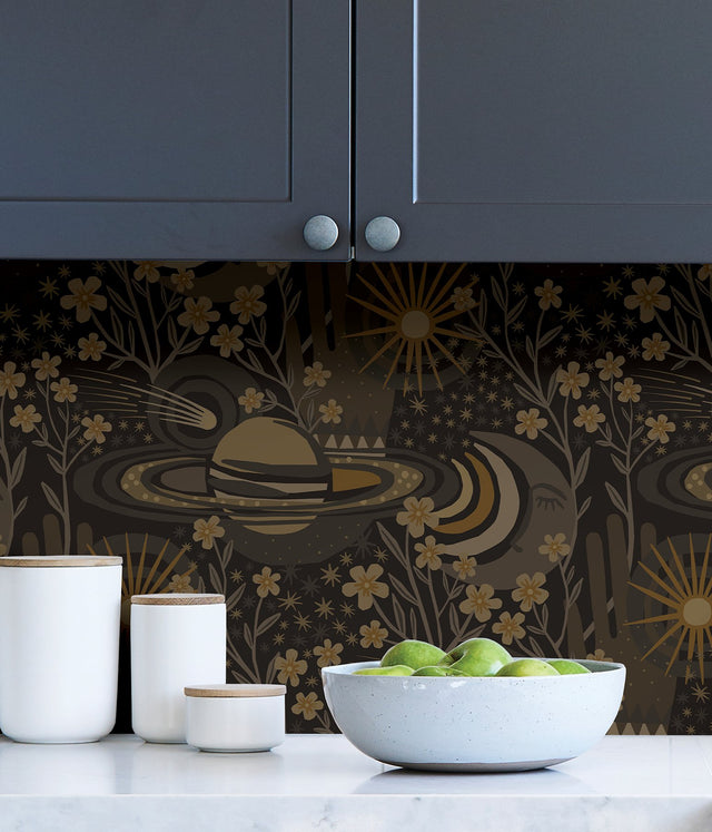 Ethereal Cosmos Black Peel & Stick Wallpaper with Bohemian Outer Space Stars Pattern - NuWallpaper PLS4210