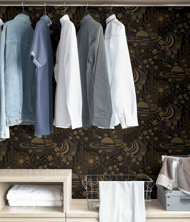 Ethereal Cosmos Black Peel & Stick Wallpaper with Bohemian Outer Space Stars Pattern - NuWallpaper PLS4210