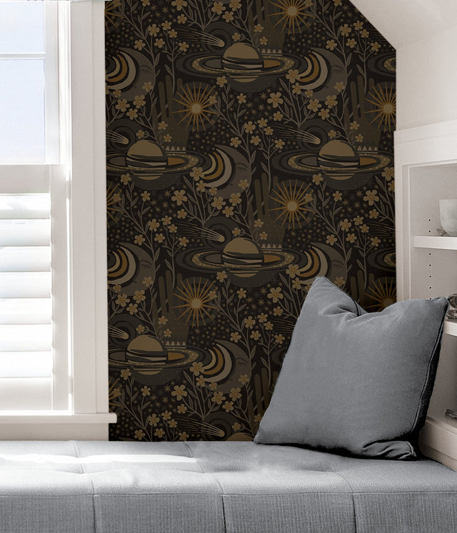 Ethereal Cosmos Black Peel & Stick Wallpaper with Bohemian Outer Space Stars Pattern - NuWallpaper PLS4210