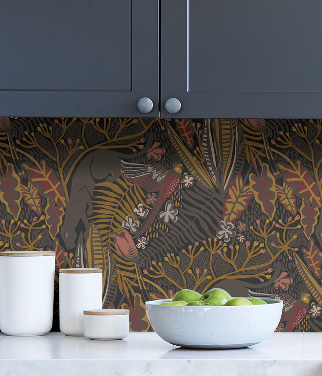 Poise Gold Cranberry Peel & Stick Wallpaper with Exotic Animal Motif - NuWallpaper PLS4212