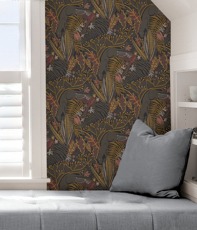 Poise Gold Cranberry Peel & Stick Wallpaper with Exotic Animal Motif - NuWallpaper PLS4212