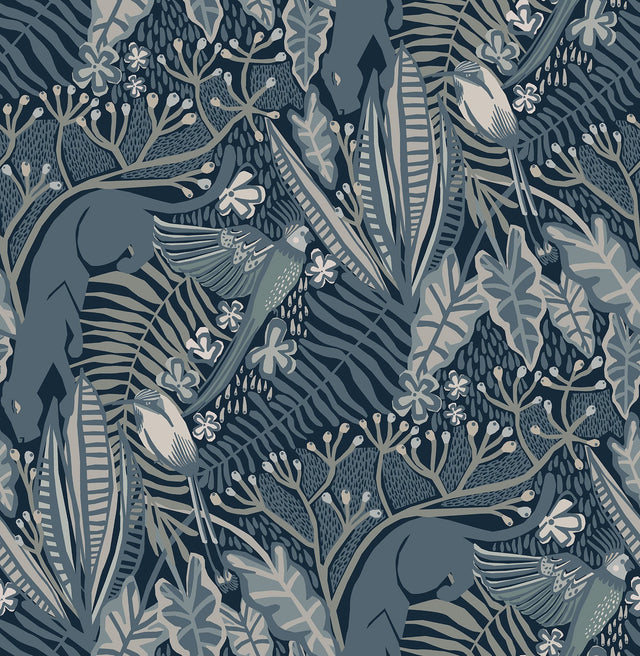 Poise Blue Peel & Stick Wallpaper with Exotic Animals Motif - NuWallpaper PLS4213