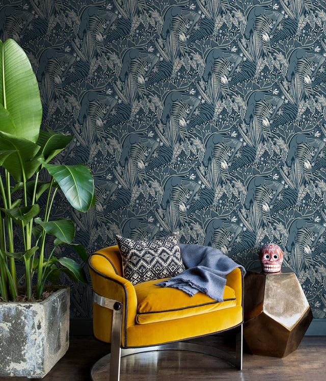 Poise Blue Peel & Stick Wallpaper with Exotic Animals Motif - NuWallpaper PLS4213