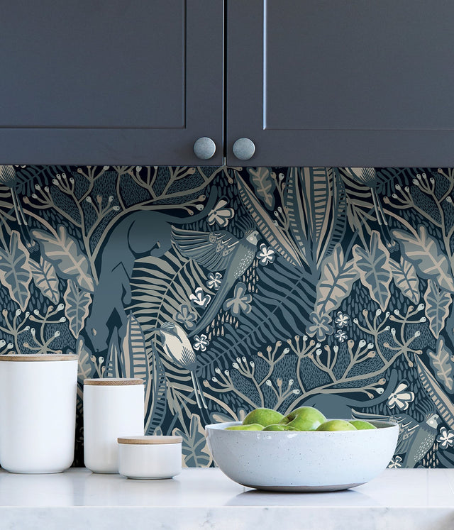 Poise Blue Peel & Stick Wallpaper with Exotic Animals Motif - NuWallpaper PLS4213