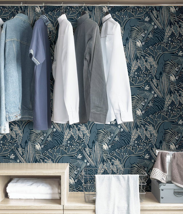 Poise Blue Peel & Stick Wallpaper with Exotic Animals Motif - NuWallpaper PLS4213