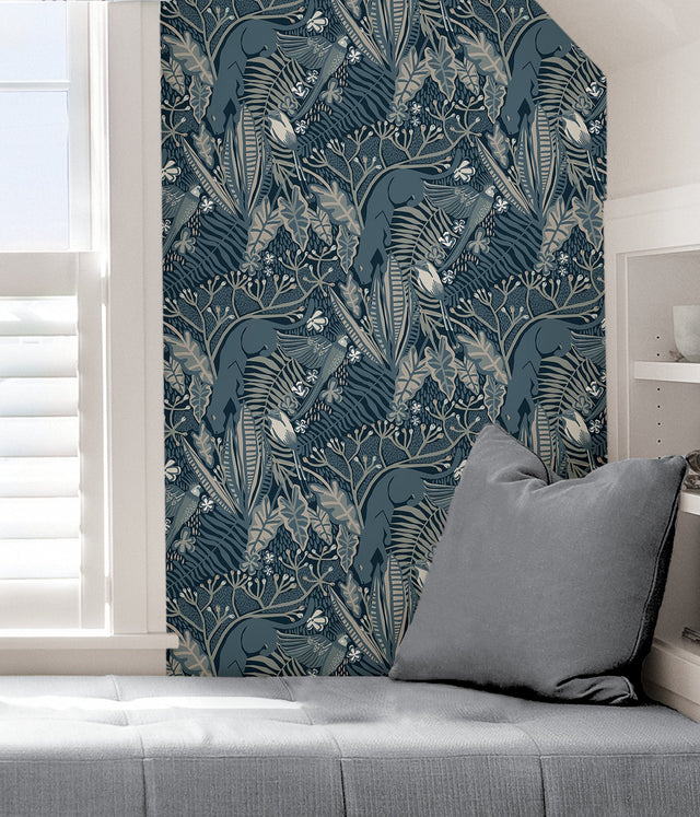 Poise Blue Peel & Stick Wallpaper with Exotic Animals Motif - NuWallpaper PLS4213